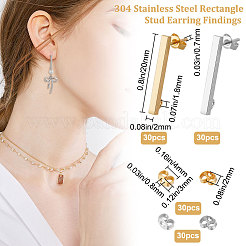 60個 2色 304ステンレススチール 長方形スタッドピアス金具  垂直ループと 60 個のイヤー ナット付き  ゴールデン·ステンレス鋼色  20x2mm  穴：1.6~2mm  ピン：0.7mm  30個/カラー&nbsp;STAS-BBC0002-46