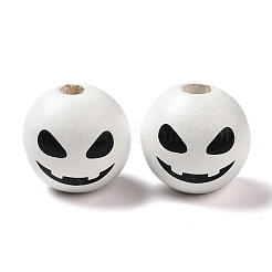 プリントラウンドウッドヨーロピアンビーズ  ハロウィンテーマの大穴ビーズ  モンスターの顔  ホワイト  16mm  穴：4mm&nbsp;X1-WOOD-M006-02