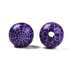 ハロウィン プリント クモの巣 カラー木製ヨーロッパ ビーズ  大穴ビーズ  ラウンド  パープル  16mm  穴：4mm&nbsp;WOOD-K007-04B