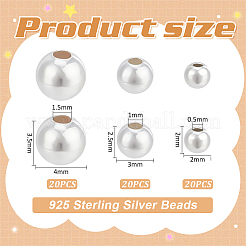 60 個 3 スタイル 925 スターリングシルバービーズ  ラウンド  銀  2~4x2~3.5mm  穴：0.5~1.5mm  20個/スタイル&nbsp;STER-BC0002-11