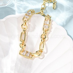 Ring & Paperclip Brass Micro Pave Cubic Zirconia Link Chain Bracelets for Women&nbsp;BJEW-D458-05G-02