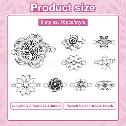 90個 9スタイル チベットスタイル 合金フラワーリンク/コネクター  アンティークシルバー  12~37x15~31x1~3.5mm  穴：1.5~2mm  10個/スタイル&nbsp;TIBE-ME0001-03