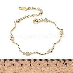 304 Stainless Steel Crystal Rhinestone Flat Round Wavy Bar Link Chain Bracelets for Women&nbsp;BJEW-F543-01G