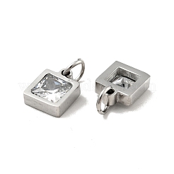 304ステンレスペンダント  キュービックジルコニアと丸カン  一石チャーム  正方形  ステンレス鋼色  透明  8.5x7x3mm  穴：3.6mm&nbsp;STAS-D189-01P-B16