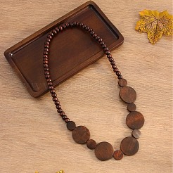 女性用木製フラットラウンド＆ラウンドチョーカー伸縮性ビーズネックレス  ココナッツブラウン  11.81インチ（30cm）&nbsp;FS-WGCD85D-01