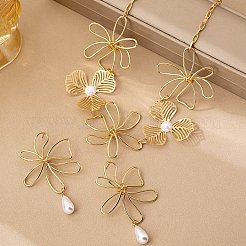 合金とプラスチックの模造真珠の花のリンクチェーンネックレスとスタッドダングルイヤリングセット  ゴールドカラー  ネックレス：18.11インチ（46cm）&nbsp;FS-WG745E2-01