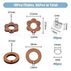 16ペア2スタイルフラワー＆リングウッドスタッドピアス金具  穴あり  40 個のステンレス鋼フリクションイヤーナット  40PCS丸カン  ココナッツブラウン  17.5~18x17.5~18mm  穴：1.6mm  ピン：0.7mm  8ペア/スタイル&nbsp;DIY-DC0002-88