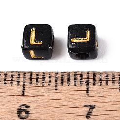 不透明なアクリルビーズ  ゴールドライン入り  文字付きのキューブ  ブラック  文字l  4.5~5x4.5~5x4.5~5mm  穴：2mm  約6250個/500g&nbsp;SACR-T035-20L