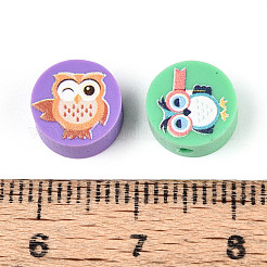 プリントされた手作りポリマー粘土ビーズ  フクロウとフラットラウンド  カラフル  9~10x4~5mm  穴：1.8~2mm&nbsp;CLAY-T022-12K