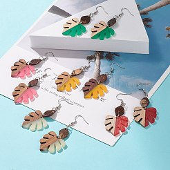 レジン＆ウォールナットウッドモンステラリーフダングルピアス  316サージカルステンレススチール製ビッグドロップイヤリング（女性用）  ミックスカラー  73mm  ピン：0.6mm&nbsp;EJEW-JE04877