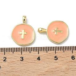 真鍮製エナメルペンダント  ライトゴールド  クロスとフラットラウンド  ダークオレンジ  18x13.5x3.5mm  穴：2x3.5mm&nbsp;LS-KK-G417-01LG-01