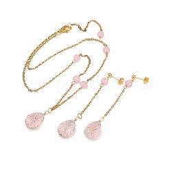 Glass & Dried Flower Teardrop Pendant Necklace & Stud Earring Sets&nbsp;SJEW-JS01340