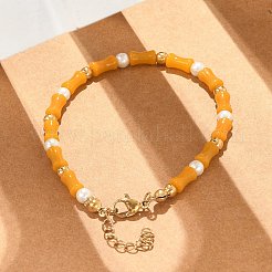 女性用304ステンレススチールビーズブレスレット  コラム  ガラス、スチール、プラスチックの模造真珠ビーズ付き  サドルブラウン  7-3/8インチ（18.7cm）&nbsp;BJEW-M056-08G-02