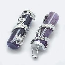 天然石アメジストペンダント  真鍮パーツ  ドラゴンを持つ列  プラチナ  40.5~41.5x14x15mm  穴：3.5x5mm&nbsp;X-G-O163-E11