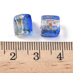 焼き絵の具、手作りの金砂、ランプワークビーズ  キューブ  ブルー  8~9x9x6~7mm  穴：1.8mm&nbsp;LAMP-P072-01A-03