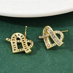 真鍮製 マイクロパヴェ キュービックジルコニア スタッドピアス 女性用  ハート  18KGP本金メッキ  12x16.5mm&nbsp;EJEW-K312-01G