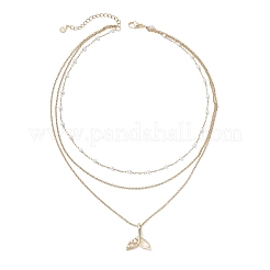 Brass Pave Clear Cubic Zirconia Pendant 304 Stainless Steel & Imitaiton Pearl Link Chain 3 Layer Necklaces for Women&nbsp;NJEW-JN05472-03