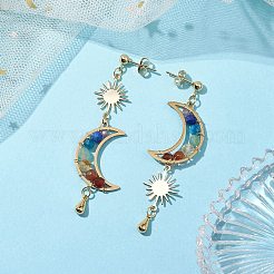 チャクラ ムーン 銅線で包まれた宝石スタッド イヤリング  女性用サン 304 ステンレススチール ダングルイヤリング  61.5x18mm&nbsp;EJEW-TA00485
