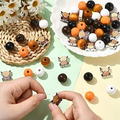 牛と丸い木製ビーズ  ジュートコード付き  ミックスカラー  16~17.5x16~17x6~16mm  穴：2~4mm  100pc&nbsp;WOOD-CJ0002-31