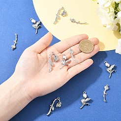6 個 3 スタイルラックメッキ合金ペンダント  花のチャーム  ガラスと  カドミウムフリー＆ニッケルフリー＆鉛フリー  プラチナ  32~38.5x5~18x3.5~5.5mm  穴：1.2~2mm  2個/スタイル&nbsp;FIND-YW0010-82