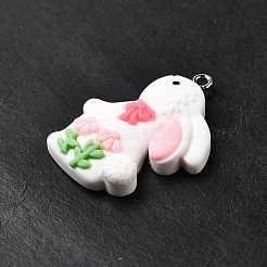 不透明樹脂ペンダント  蝶結びと花のついたウサギ  プラチナトーンのアイアンループ付き  ホワイト  32.5x24.5x6mm  穴：1.8mm&nbsp;RESI-V0003-02A