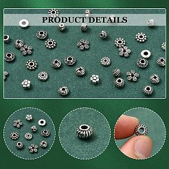 100個10スタイルチベットスタイルアロイスペーサービーズ  混合図形  アンティークシルバー  5~7x2~4mm  穴：1~3mm  10個/スタイル&nbsp;TIBEB-YW0001-14-1
