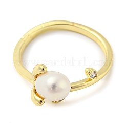 Flower Natural Pearl Cuff Ring with Rhinestone&nbsp;RJEW-H220-14G