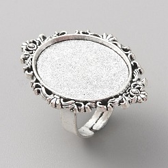 調節可能な合金の指輪の部品  パッドリングベースのセッティング  ひし形、楕円形トレイ付き  アンティークシルバー  トレイ：25x18mm  内径：17~21mm&nbsp;PALLOY-WH0101-39AS