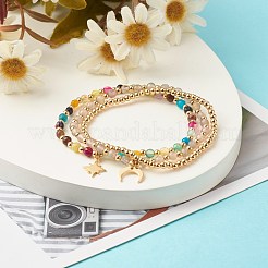 天然瑪瑙ラウンドビーズはブレスレットを伸ばします  ブレスレット  ラウンド  女の子の女性のためのムーン＆スターブラスチャームブレスレット  ゴールドカラー  ホワイトスモーク  内径：2-1/4インチ（5.6cm）  3個/セット&nbsp;BJEW-JB07294-01