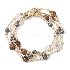 Round Synthetic Non-Magnetic Hematite & Quartz Crystal & Natural Tiger Eye and Glass Twisted Bugle Beaded Necklaces&nbsp;NJEW-JN05726