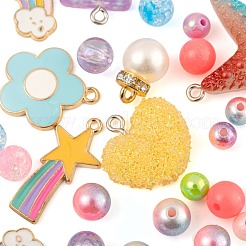 Diyの人魚のテーマジュエリー作成キット  ヒトデ＆ユニコーン＆レインボーレジン/アロイ/アクリルパーツ20個  380個のABSプラスチックとアクリルの丸いビーズ  弾性水晶の線とステンレス鋼のはさみ  ミックスカラー  ペンダント：20ピース/セット&nbsp;DIY-FS0001-57