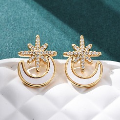 Star with Moon Brass Micro Pave Clear Cubic Zirconia Stud Earrings&nbsp;KK-D363-18G