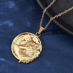 フラットラウンドとオオカミの304ステンレススチールペンダントネックレス  イオンプレーティング（ip）  18KGP本金メッキ  17.95インチ（45.6cm）&nbsp;NJEW-H059-04G