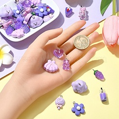 50本10スタイルレジンペンダント  ブドウとハートと貝殻の形  プラチナトーンの鉄製ループとミックスシェイプ  パープル  16.5~24x17~23x7~9.5mm  穴：1.8~2mm  5個/スタイル&nbsp;CRES-YW0001-32