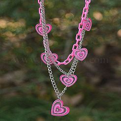 Acrylic Pink Glitter Heart Pendant 304 Stainless Steel Chain 3 Layer Necklaces for Women&nbsp;FS-WG9B734-01