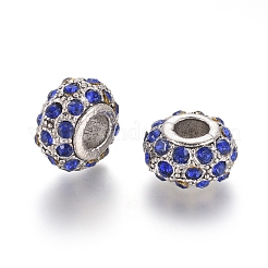 アンティークシルバーメッキ合金ヨーロピアンビーズ  大穴ビーズ  ラインストーン付き  ロンデル  サファイア  13.5x8mm  穴：5mm&nbsp;MPDL-L029-X04-AS