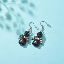 合成ターコイズ スカル ウィング ダングル イヤリング  女性のためのハロウィーン真鍮ジュエリー  ブラック  50mm  ピン：0.7mm&nbsp;EJEW-JE04944-03