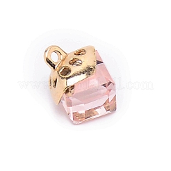 ガラスチャーム  合金のパーツと  キューブ  ライトローズ  15x10x10mm  穴：1.6mm&nbsp;GLAA-SZC0004-02K