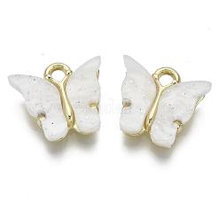 合金ペンダント  樹脂とグリッターパウダー付き  蝶  ゴールドカラー  フローラルホワイト  13x13~15x3.5mm  穴：2mm&nbsp;X-RESI-S385-004D