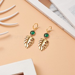 201 Stainless Steel Monstera Leaf Dangle Leverback Earrings with Green Glass&nbsp;EJEW-TA00191