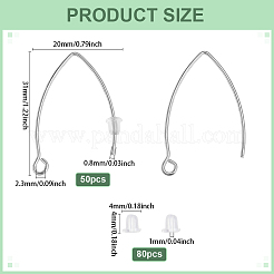 304ステンレススチールピアスフック50個  水平ループ付き  80個のプラスチック製イヤーナット  ステンレス鋼色  31x20x0.8mm  穴：2.3mm  21ゲージ  ピン：0.7mm&nbsp;STAS-ME0001-51P