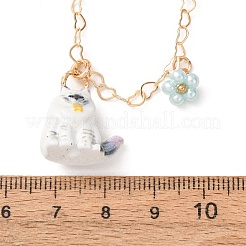 304ステンレススチール製エナメル加工のかわいい猫型フラワーペンダントネックレス（女性用）  ゴールドカラー  ホワイトスモーク  15.75インチ（40cm）  カタログ番号：16x17x9mm&nbsp;SA-CBA8F25-01A