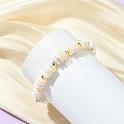 電気メッキ加工を施したシェルパールと真鍮のビーズを使用した女性用ストレッチブレスレット  ディスク  ベージュ  内径：1.85インチ（4.7cm）&nbsp;BJEW-JB13996