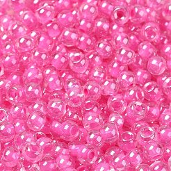 ガラスシードビーズ  光沢のある内側の色  ラウンド  ショッキングピンク  4x3mm  穴：1.4mm  約7650個/ポンド&nbsp;SEED-H002-L-A240