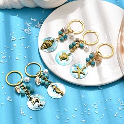 5個 ABカラーメッキカピスシェルペンダントキーホルダー  合金ペンダント、合成ターコイズビーズ、プラスチック模造真珠ビーズ付き  アイアン製キーリング  海のテーマ  ゴールドカラー  77~77.5mm  5個/セット&nbsp;KEYC-JKC01194