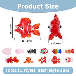 22個 11種類のスタイルのペイントガラスビーズ  魚  ミックスカラー  16.5~35x12.5~27x5.5~16mm  穴：1.2~2mm  2個/スタイル&nbsp;LAMP-HS0001-28