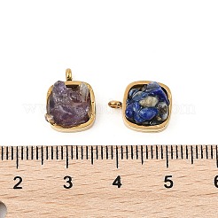 Natural Mixed Stone Chip 304 Stainless Steel Square Charms&nbsp;KK-P300-29G