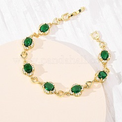 Heart & Oval Brass Micro Pave Cubic Zirconia Link Chain Bracelets for Women&nbsp;BJEW-A163-03G-04