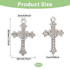 合金ラインストーンペンダント60個。  ハートクロスチャーム  プラチナ  クリスタル  28.5x18x2mm  穴：2mm  60個/セット&nbsp;ALRI-CA0001-14