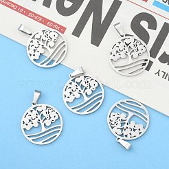 変色しない304ステンレススチールペンダント  ツリー付きフラットラウンド  ステンレス鋼色  27x25x2mm  穴：6x4mm&nbsp;STAS-M245-31P